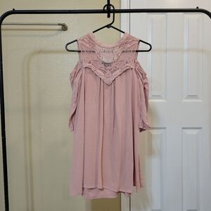 As U Wish Dusty pink crochet Bib Cold shoulder mini dress size Small